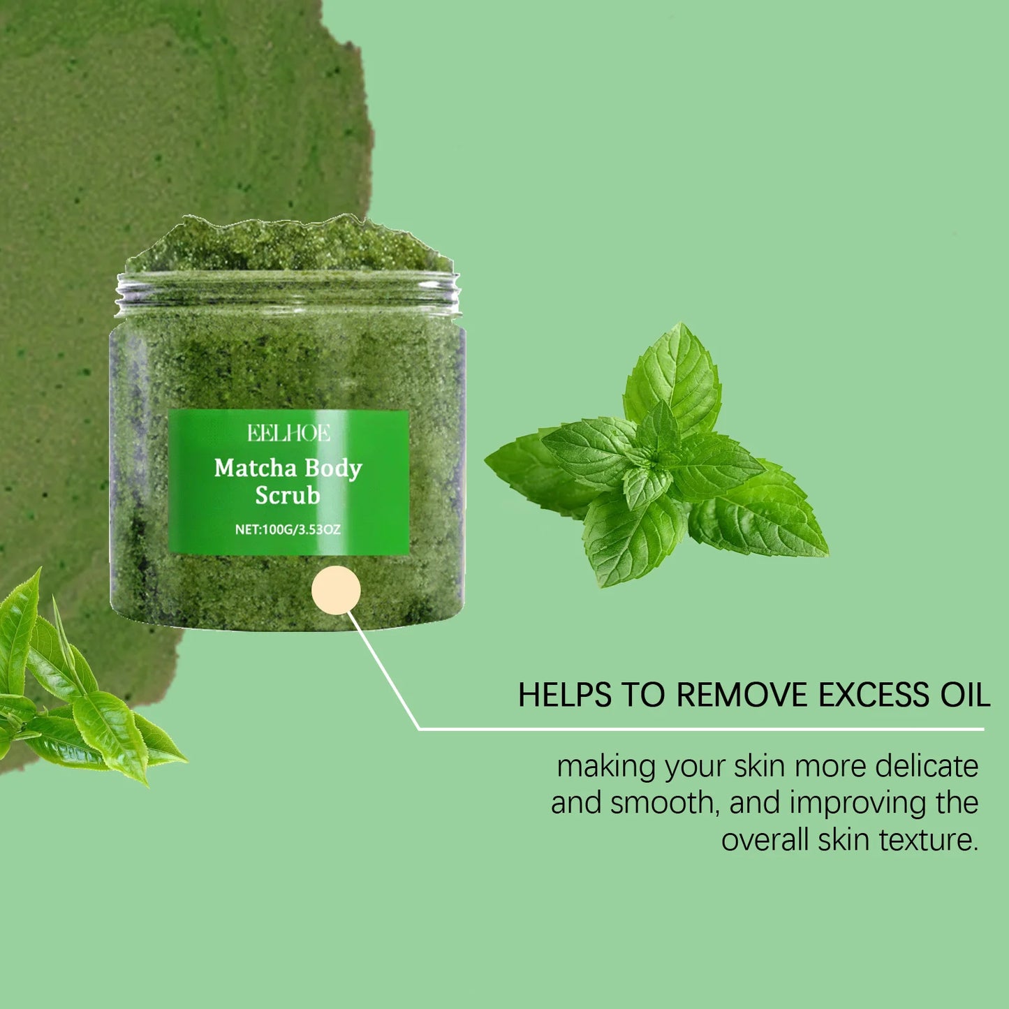 EELHOE Green Tea Body Scrub Dead Skin Remover Body Cleaning Deep Hydration Smooth Skin Care Sea Salt Exfoliating Body Scrub 100g