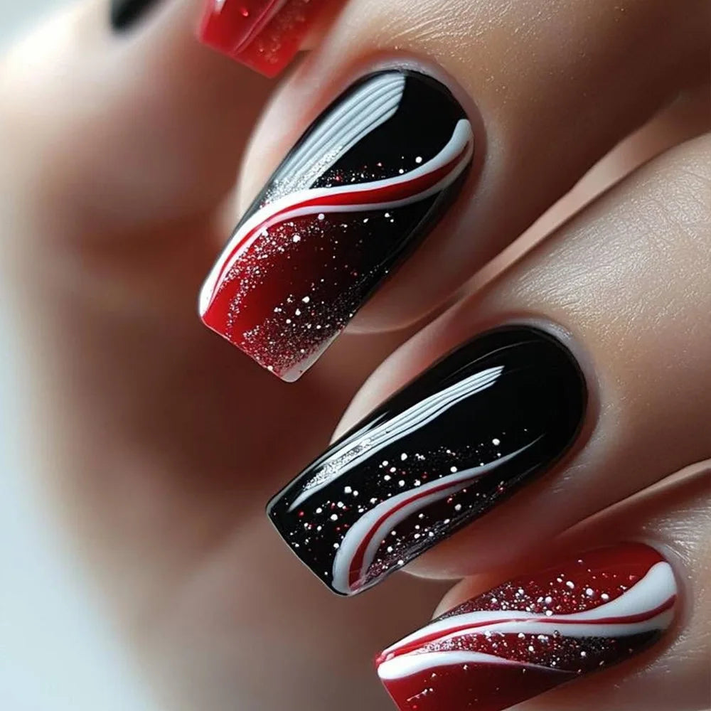 24PCS Black Medium Coffin False Nails Pink Heart Sweet Cool Stripes Press on Nails Full Cover Wearable Square Fake Nails Patches