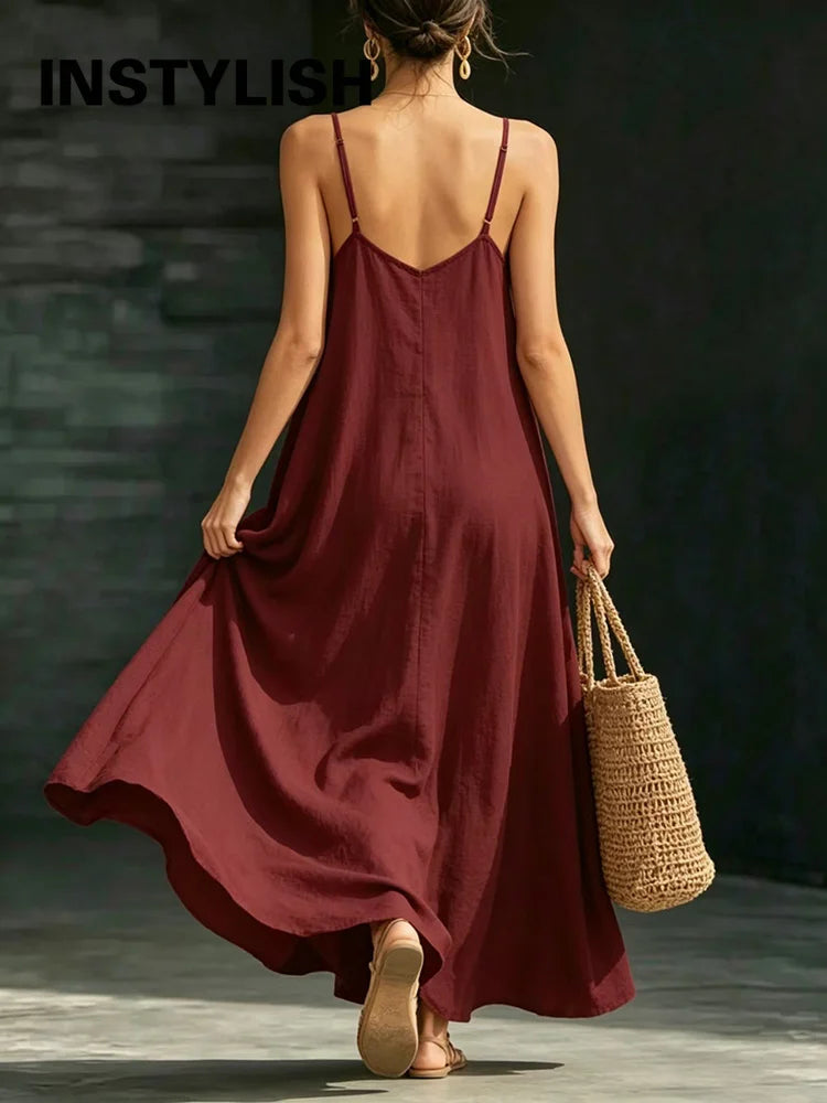 Women Linen Spaghetti Strap Maxi Dress V Neck Loose Swing Long Dress With Pockets Casual Summer Beach Vacation Sundress Ladies