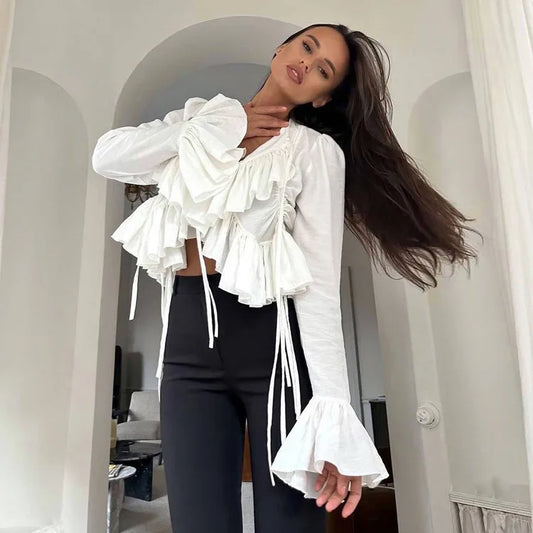 Elegant Flare Sleeve Single Breasted Ruffled Shirts Chic Women's Pleated Lace Up Patchwork V-Neck Blouses Casual Streetwear