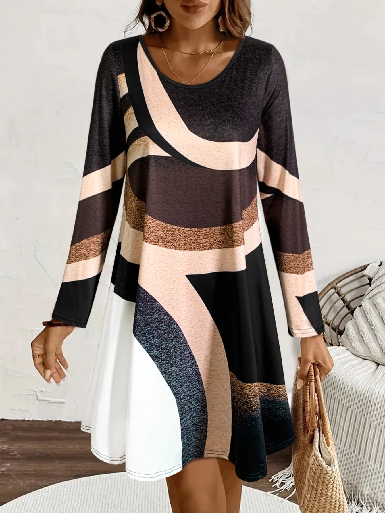 Long Sleeve Geometric Color Block Dress – O-Neck
