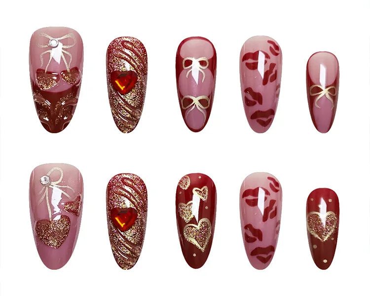 24Pcs Wine Red Almond Bow Heart Designs Press on Nails Glitter Cat Eye Diamond Nail Patch Wearable Elegant Full Cover Nail Tips