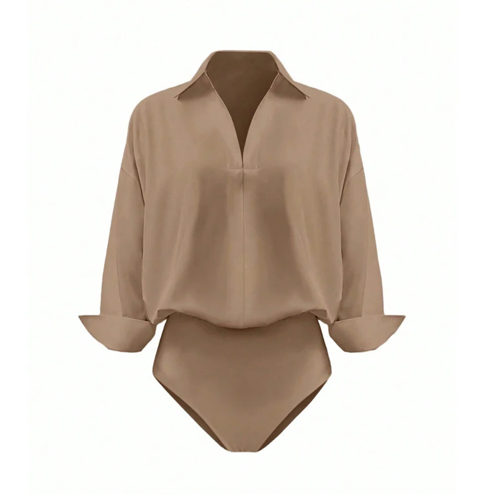 Women Shirt Bodysuit Oversized Boyfriend Half Sleeve Blouse Deep V Collar Bodysuit Shirts Elegant Office Lady Jumpsuit Top
