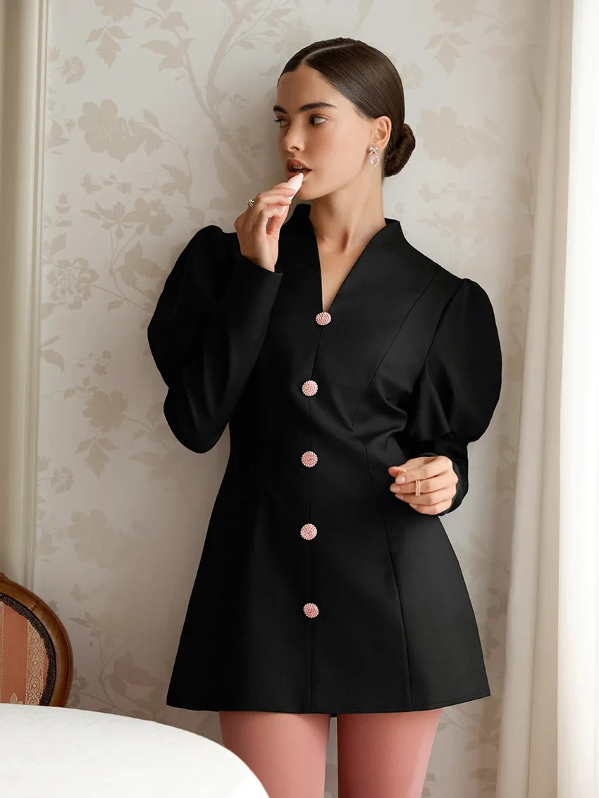 BKLD Hepburn Style Black A-Line Short Dresses Fashion Women's Clothing New V-Neck Puff Sleeve Single-Breasted Party Dress