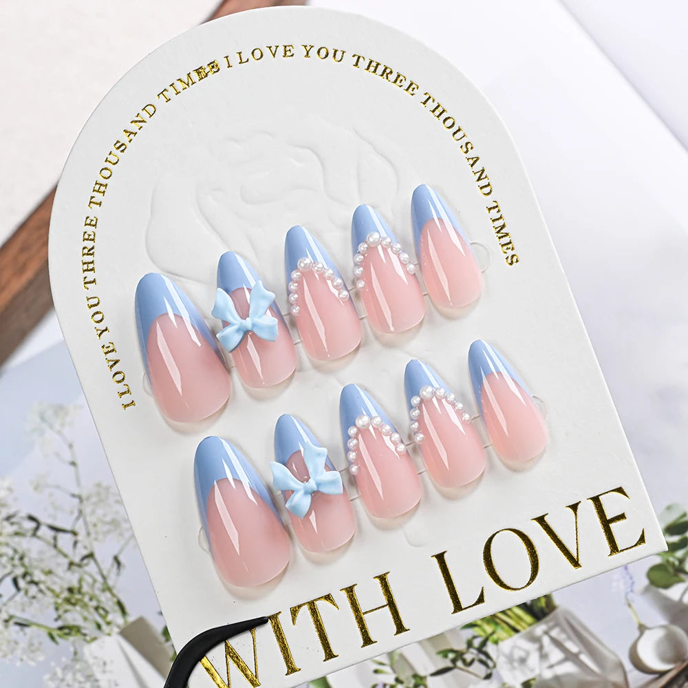 24Pcs Blue Almond Wearable Press on Nails 3D Pearl Bow Full Cover Fake Nails Tips with Bowknot Design French False Nails