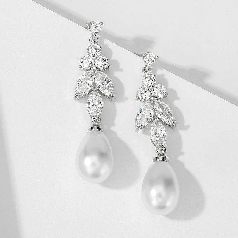 ZAKOL Luxury Teardrop Imitation Pearl Bridal Earring for Women Elegant AAA Cubic Zirconia Earring Wedding Accessories