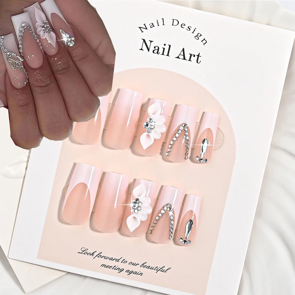 24Pcs Long Coffin French False Nails with Flower Butterfly Design Acrylic Full Cover Fake Nails Tips for Women Press On Nails
