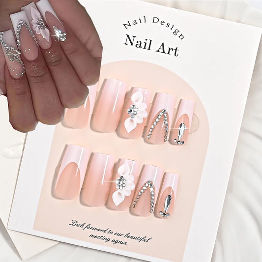 24Pcs Long Coffin French False Nails with Flower Butterfly Design Acrylic Full Cover Fake Nails Tips for Women Press On Nails