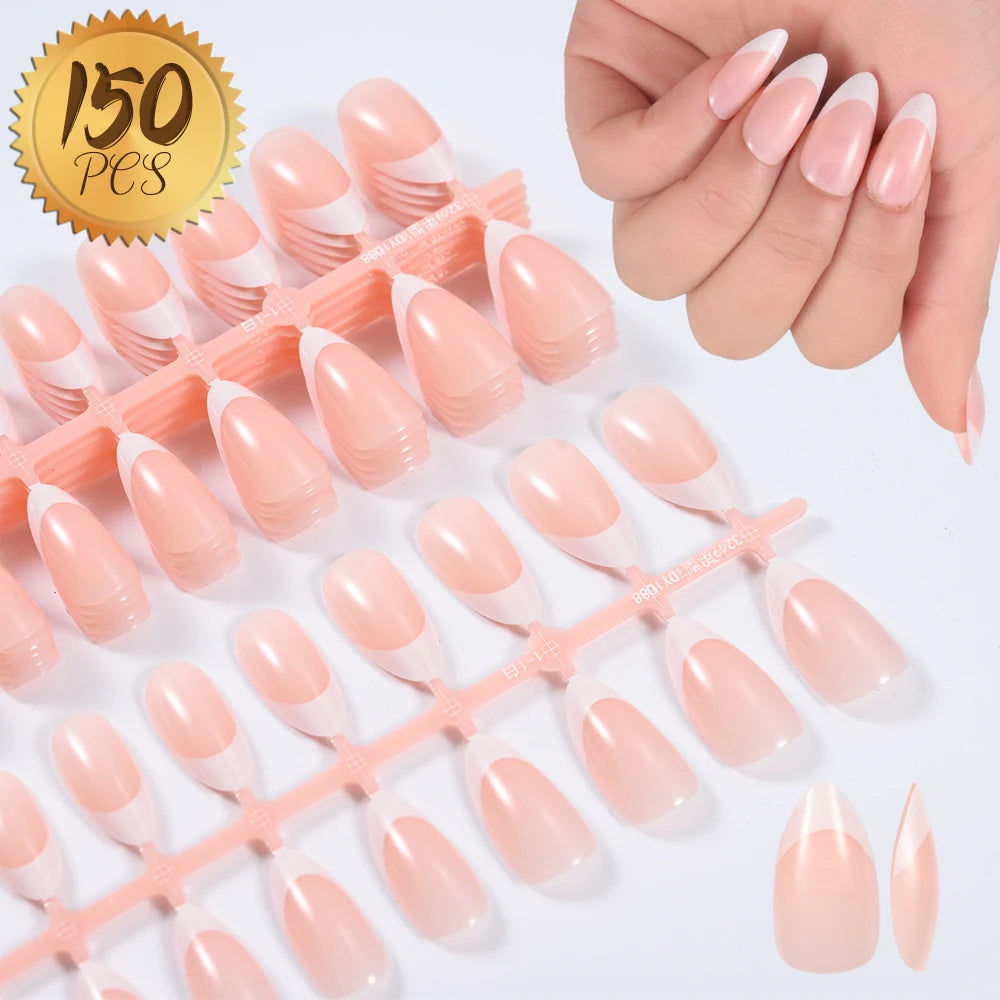 150/120/100pcs French Nude Pink False Nail Women Press on Nails White Edge Almond Full Cover Fake Nail For Manicure Extension