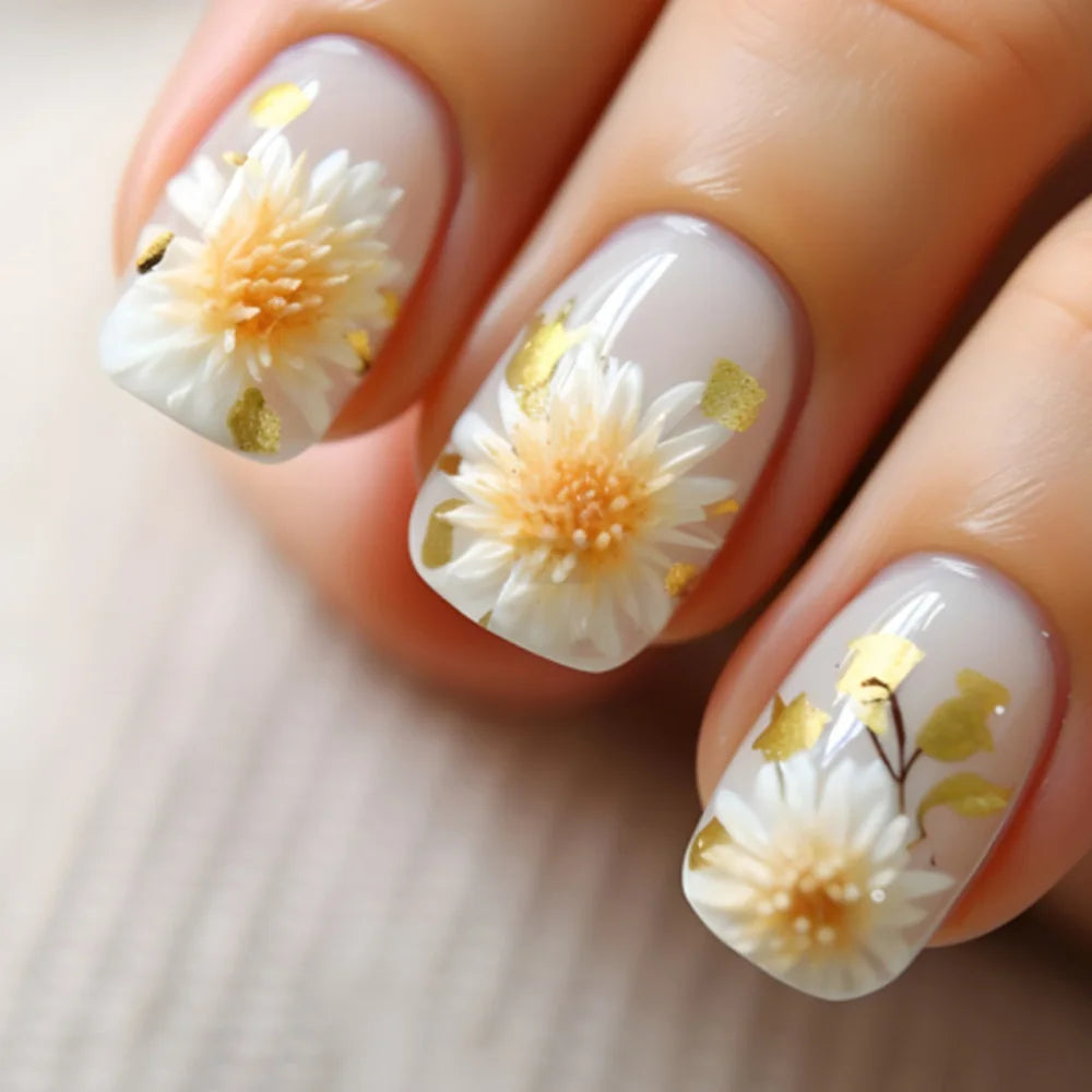 24pcs Short Square Press on Nails Jade Flower Sparkling Powder Designs Fake Nails with Glue Green Gradient Full Cover Nail Tips