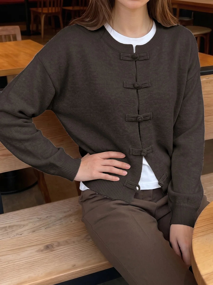 Women Vintage Knitted Sweater Causal Long Sleeve O-Neck Soft Warm Chinese Style Buckle Cardigan Female Autumn Winter Outerwear