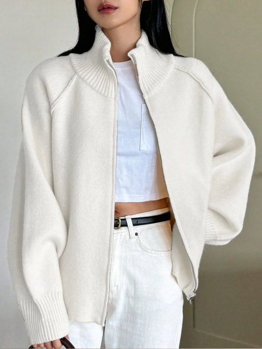 Women's Solid Zipper Knitted Sweater Casual Stand Collar Long Sleeve Loose Warm Soft Cardigans Fashion Autumn Winter Knitwear