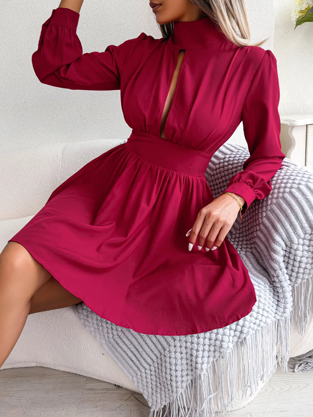 Spring Autumn Casual Solid Hollow Out Long Sleeve A Line Dress for Women Elegant Mini Dresses Red Black White Woman Clothing