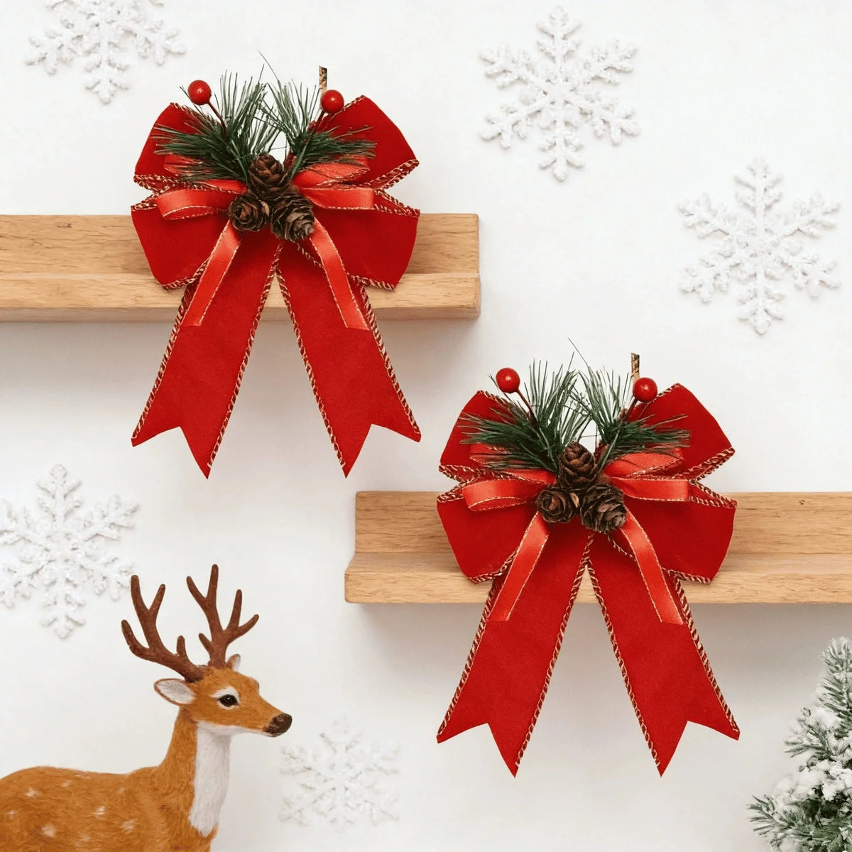 ChristmasBows Buffalo Plaid Checkered Ribbon Bow with Pine Cone Christmas Tree Decoration for Xmas Parties Trees Indoor Crafts