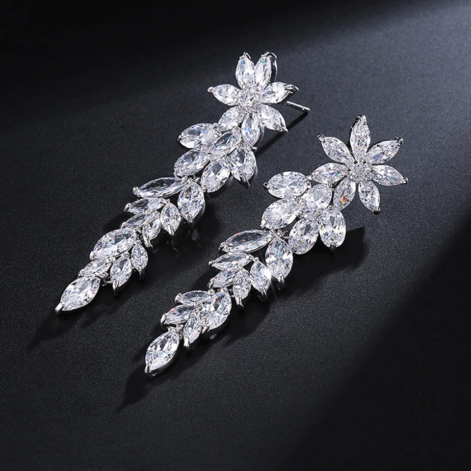 ZAKOL Fashion Cubic Zirconia Leaf Long Dangle Earrings for Elegant Women White Leaves Drop Earring Bridal Wedding Jewelry