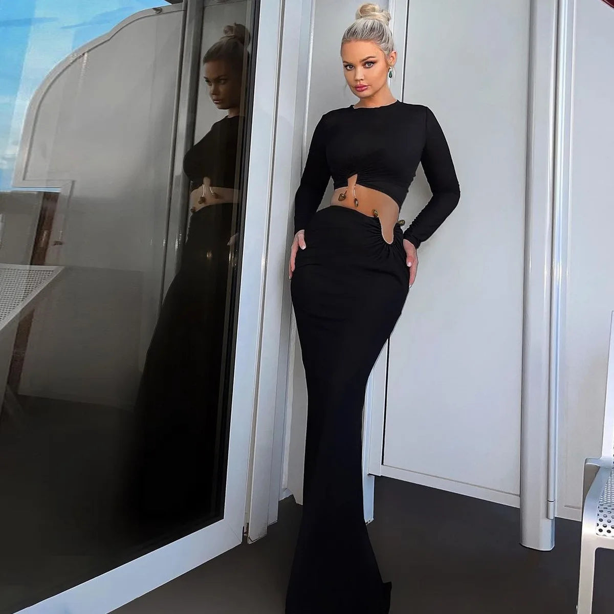 BKLD Women Clothing 2026 Autumn And Winter New Fashion Hollow Out Long Sleeve Crop Tops Slim Fit Skirt Set Two Piece Outfits