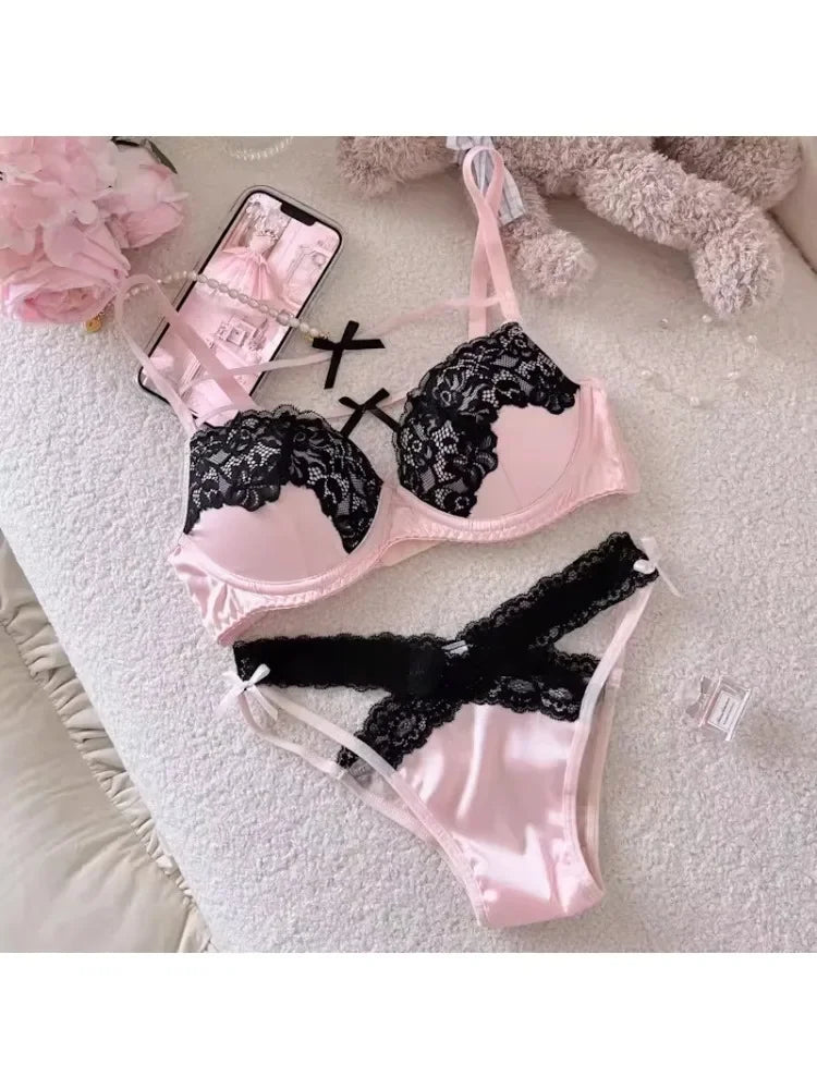 MOYISU Sweet Trap French Bow Bra Set - Wireless Push-Up for Petite Chest, Pure Seduction Lace Bralette with Elegant Ribbon Charm