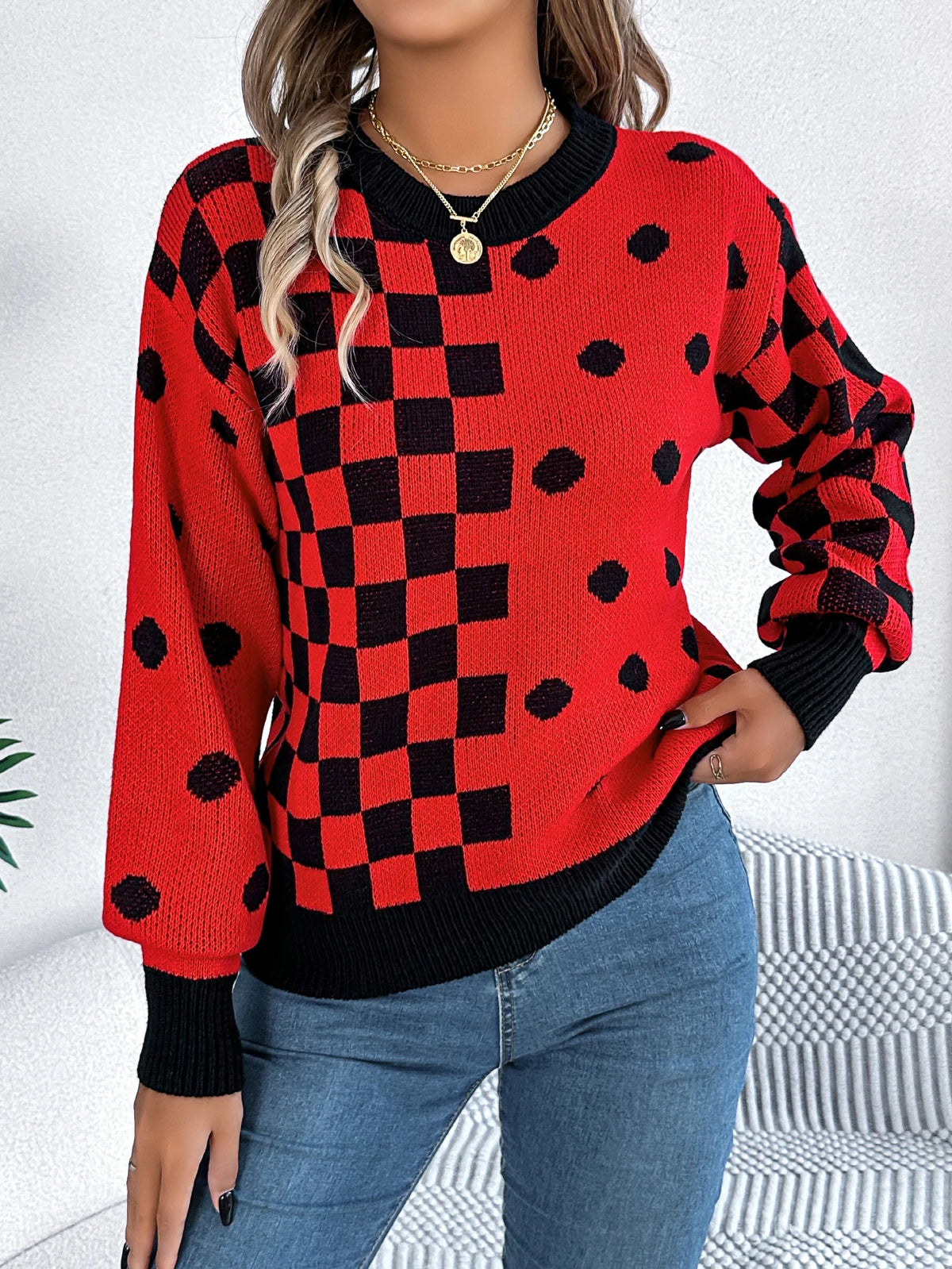  Autumn Winter Casual Contrasting Grid Dot Long Sleeve Knitted Pullover Fashion New Year and Christmas Sweater Women Clothes