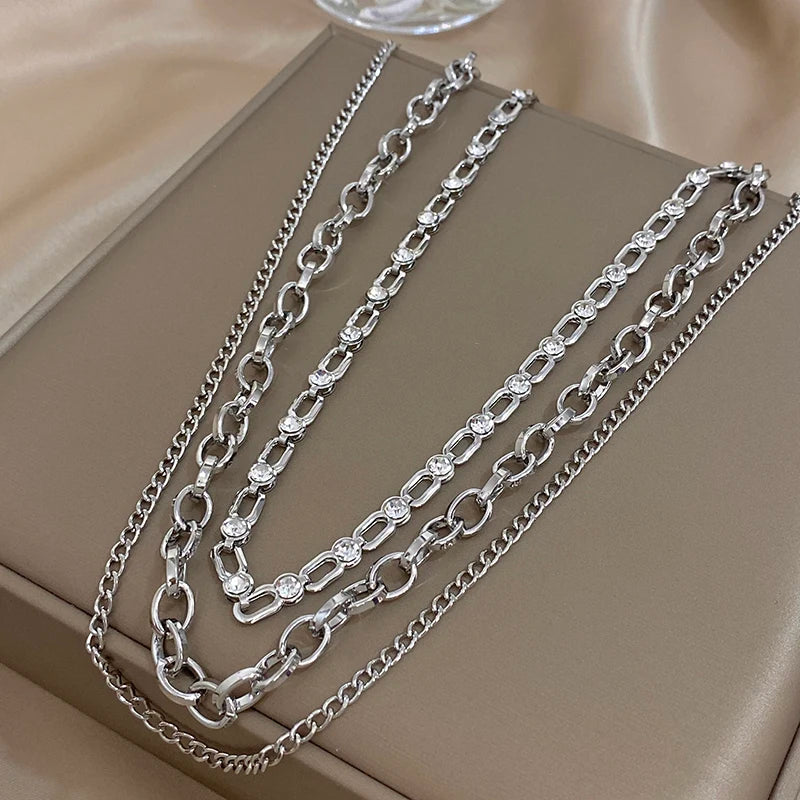 Punk Chunky Gold Color Rhinestone Multilayer Chain Choker Necklaces For Women Temperament Daily Jewelry Accessories
