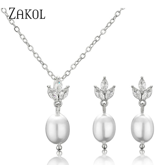 ZAKOL Fashion Leaf Shiny Zircon Pearl Drop Earring Necklaces Jewelry Sets for Women Charming Wedding Jewelry Gift