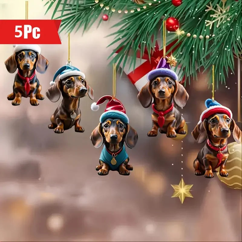 5/9pcs Dachshund Christmas Ornaments - Holiday Hanging Decorations with Santa Hats & Scarves, for Room Decor, Christmas Decor
