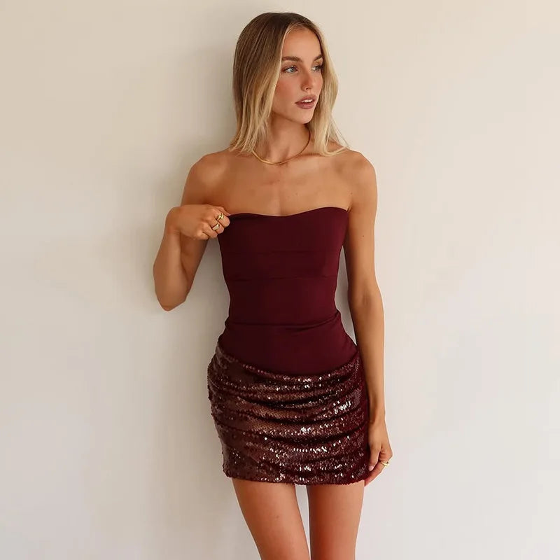BKLD Fashionable 2026 Autumn And Winter New Women's Clothes Sexy Spicy Girl Sequin Strapless Backless Slim Fit Hip Hugging Dress