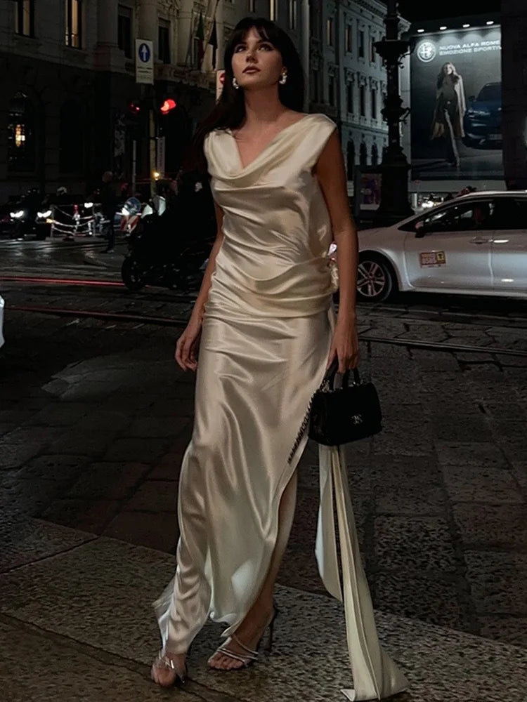 Elegant Satin Backless Spliced Floral Evening Gowns For Women Chic Sleeveless High Slit Slim Dresses Summer Holiday Party Dress