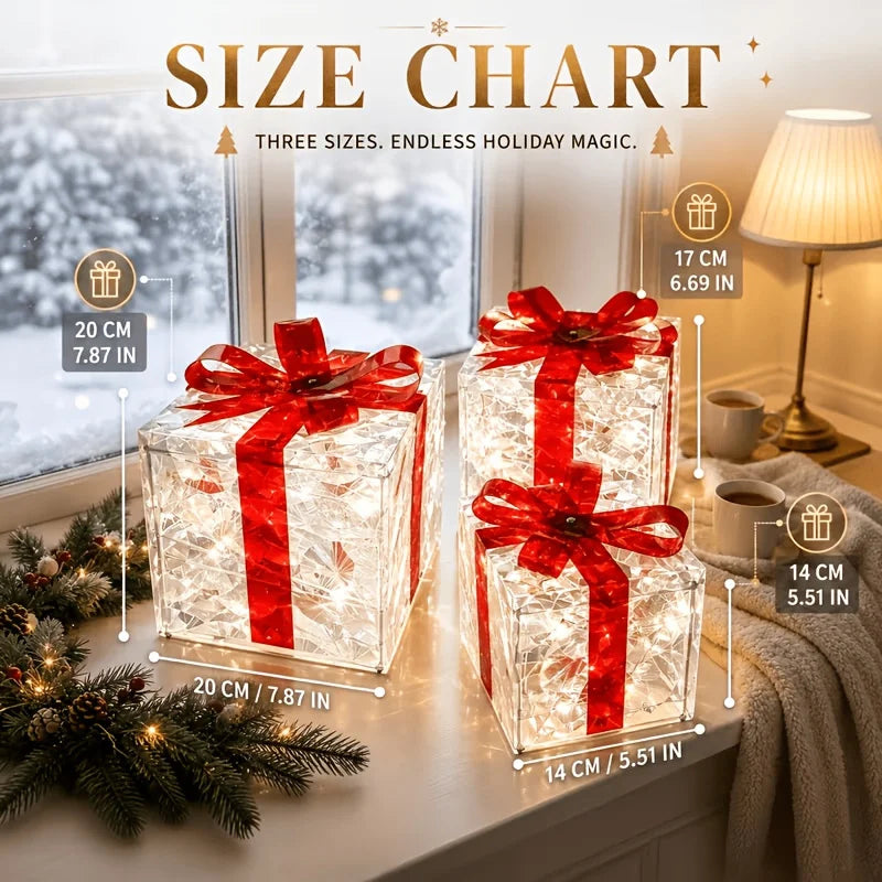 3 Pack Light Up Christmas Gift Box Ornaments, Battery Powered, Indoor & Outdoor Xmas Home, Porch, Lawn Holiday Decor