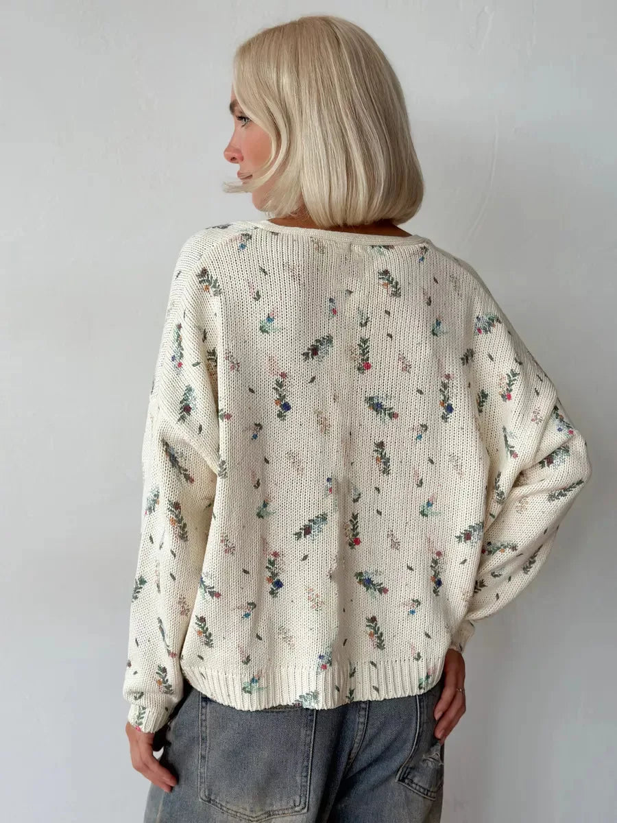 Womens' Elegant Knitted Print Cardigan Casual V Neck Floral Print Long Sleeve Coat Loose Front Sweater Autumn Winter Streetwear