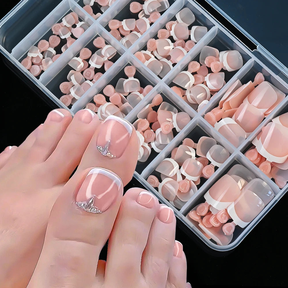 120Pcs French Tips False Toe Nails Short Square Nude/Pink/Brown Fake Toe Nails Wearable Acrylic Full Cover Press on Toenails