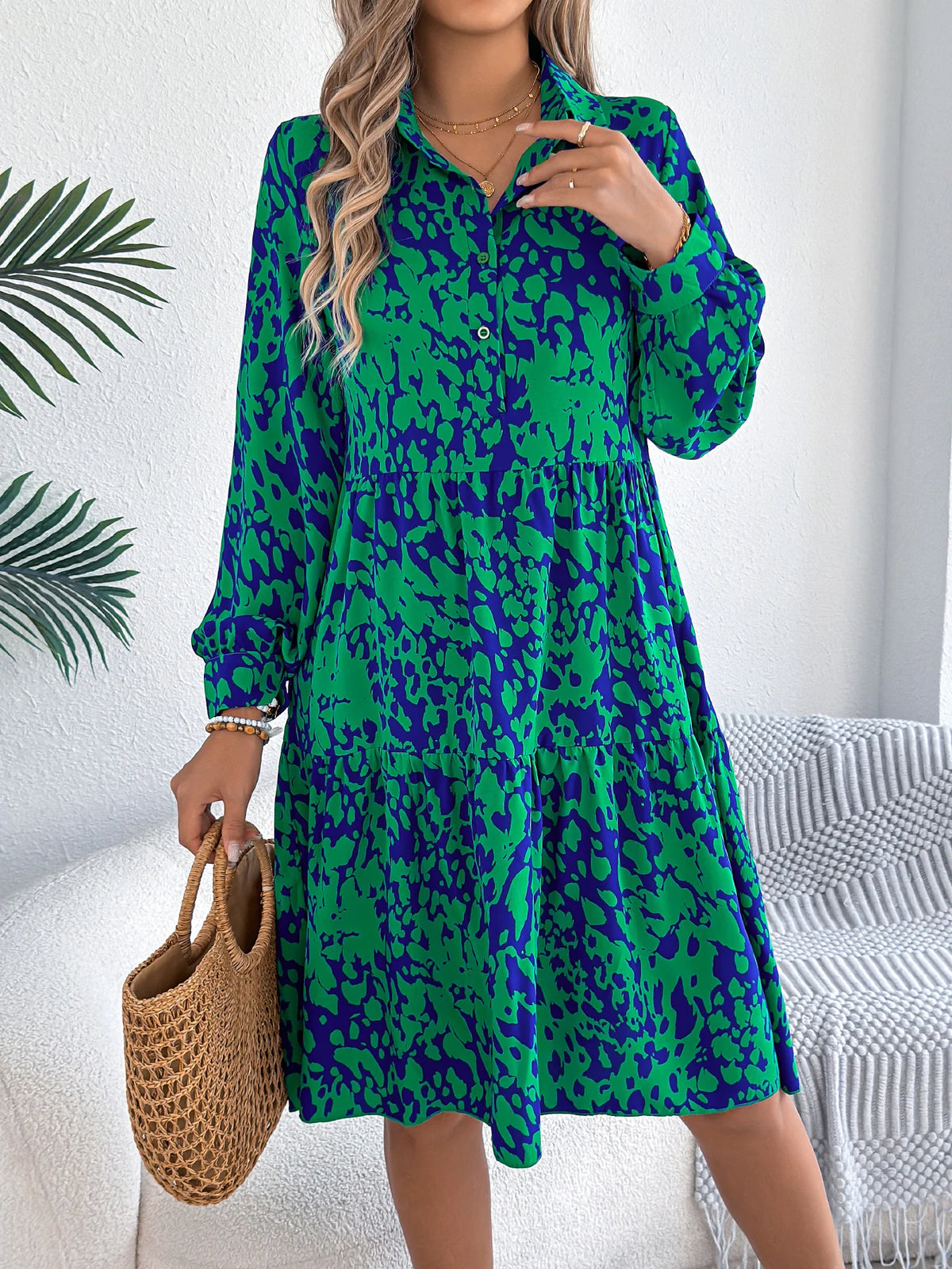Spring Autumn Casual Vacation Single Breasted Turn Down Collar Long Sleeved Leopard Print Dresses for Women