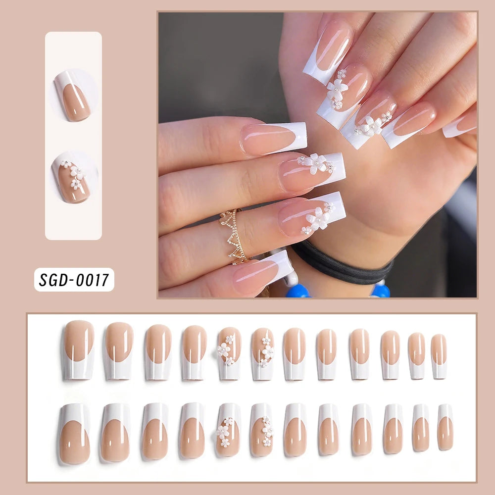 24pcs Mid-length Almond Wearable Press on Nails Gradient Pink Flower Pearl Design False Nails French Petal Fake Nails Tips