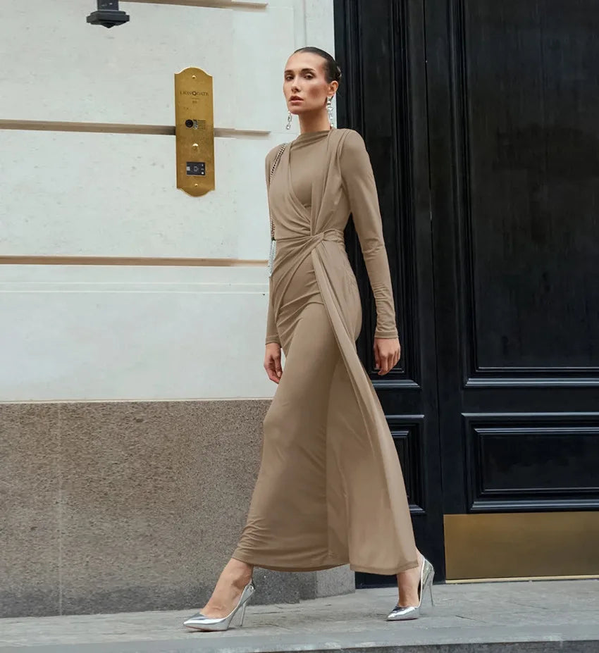 BKLD Fashion Autumn French Long Dresses Women Clothing Elegant High Waist Ruched Slimming Evening Dress Long Sleeve Solid Color