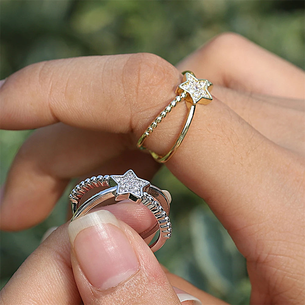 ZAKOL Fashion Double Layers Zircon Rings for Women Gold Color Plated Open Stainless Steel Ring Aesthetic Party Wedding Jewelry
