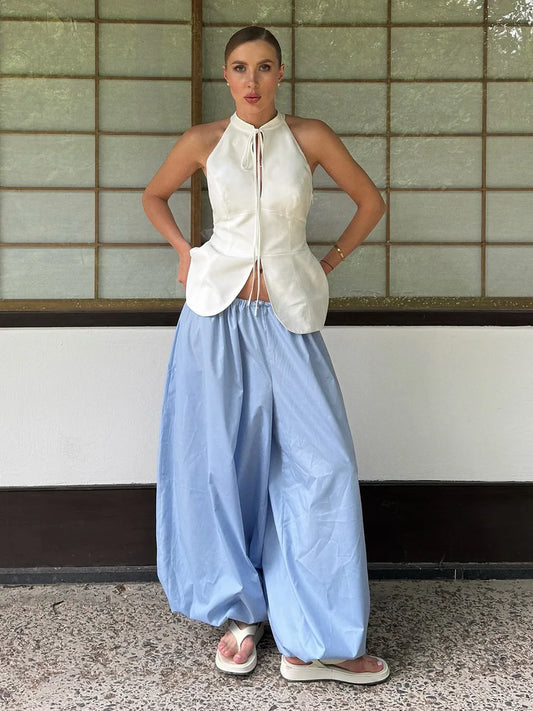 Y2k Fashion Pocket Bloomers Female Trousers Wide Leg Women Pants Pleated Loose High Waist Patchwork Bandage Streetwear