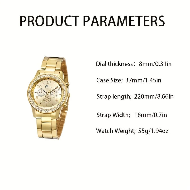 5PCS Quartz Watch Set Women Fashion Silver Round 3 Eyes Alloy Strap Wristwatch Gift Rhinestone Watch For Women Jewelry Set