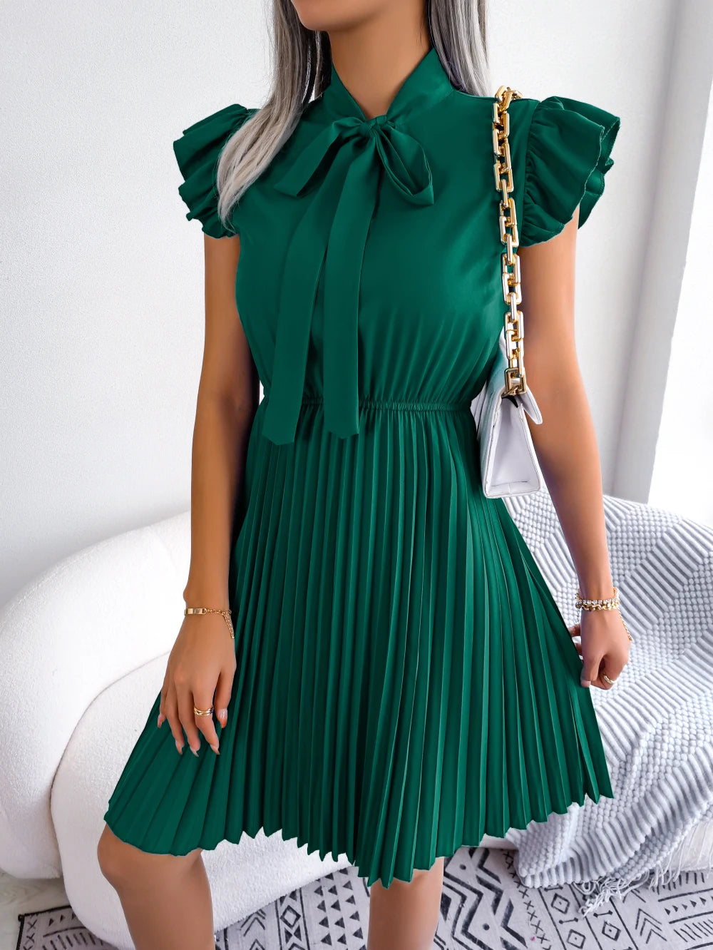 Elegant Bow Tie Pleated Dress 2026 Women Summer Solid Color Ruffles Short Sleeve Mini Dress Green Red Black Blue Woman Clothing