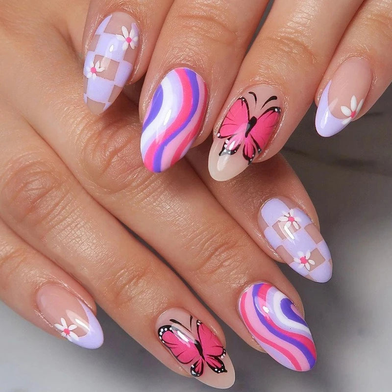 24Pcs Short Almond Nails Set Full Cover Star Moon Wave French Glitter Press on False Nails with Jelly Glue Detachable Nail Art