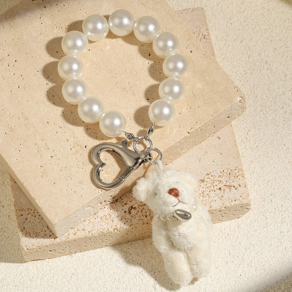 ZAKOL Korean Fashion Imitation Pearl Bear Doll Pendant Keychain Handbag Mobile Phone Accessories Gift for Women Girls