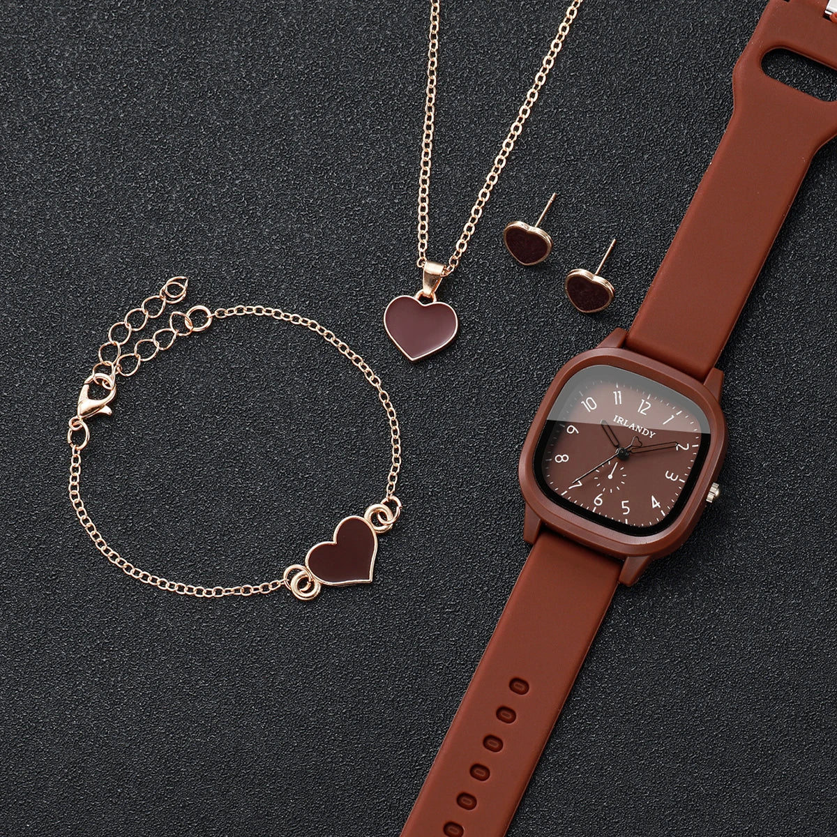5PCS Fashion Arabic Dial Women Quartz Watch Heart Jewelry Set Square Silicone Strap Wristwatches Relogio Feminino (Without Box)