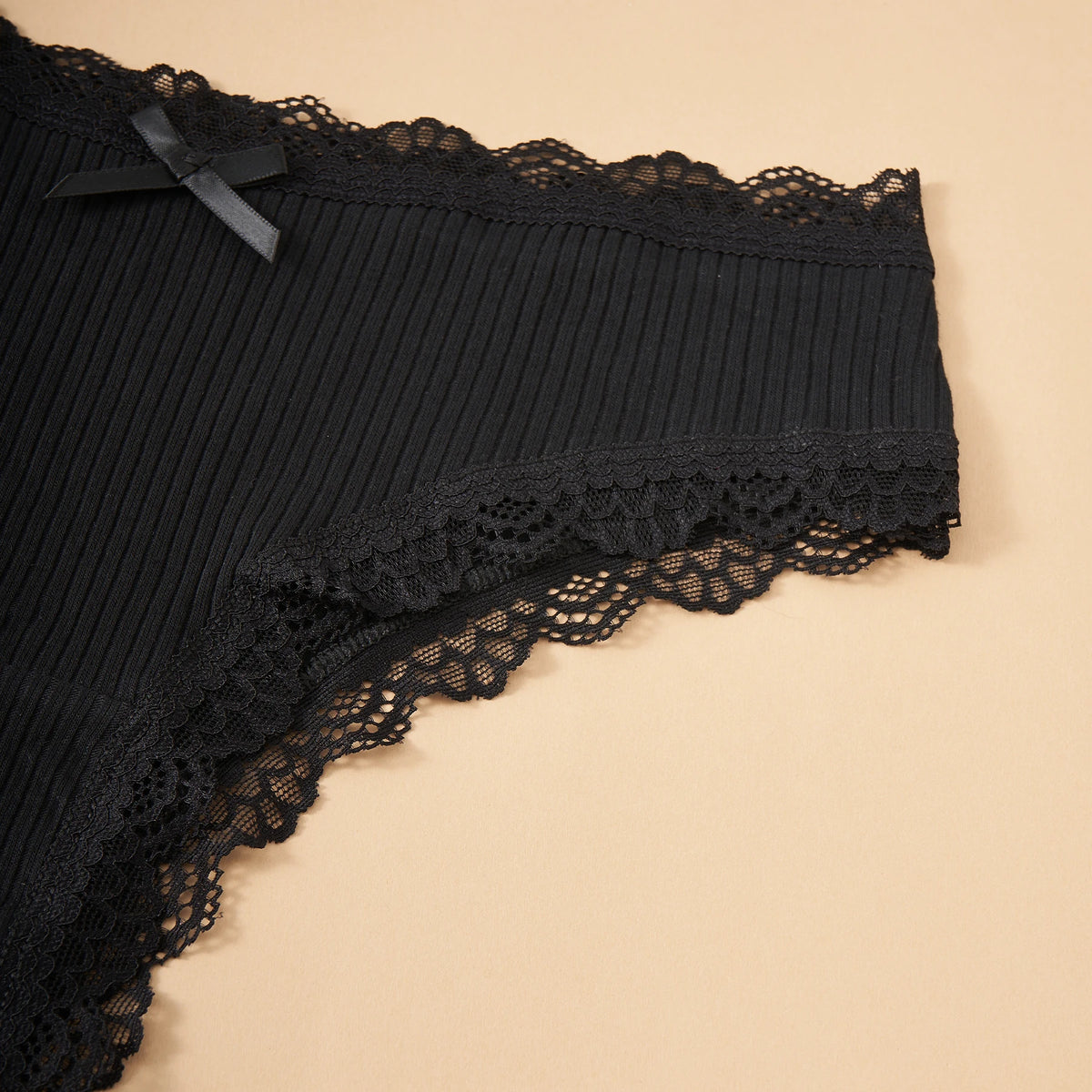 4PCS/Set Seamless Lace Trim Underwear Women's Sexy Low Waist Panties Solid Color Ribbed Cotton Briefs Breathable Daily Lingerie