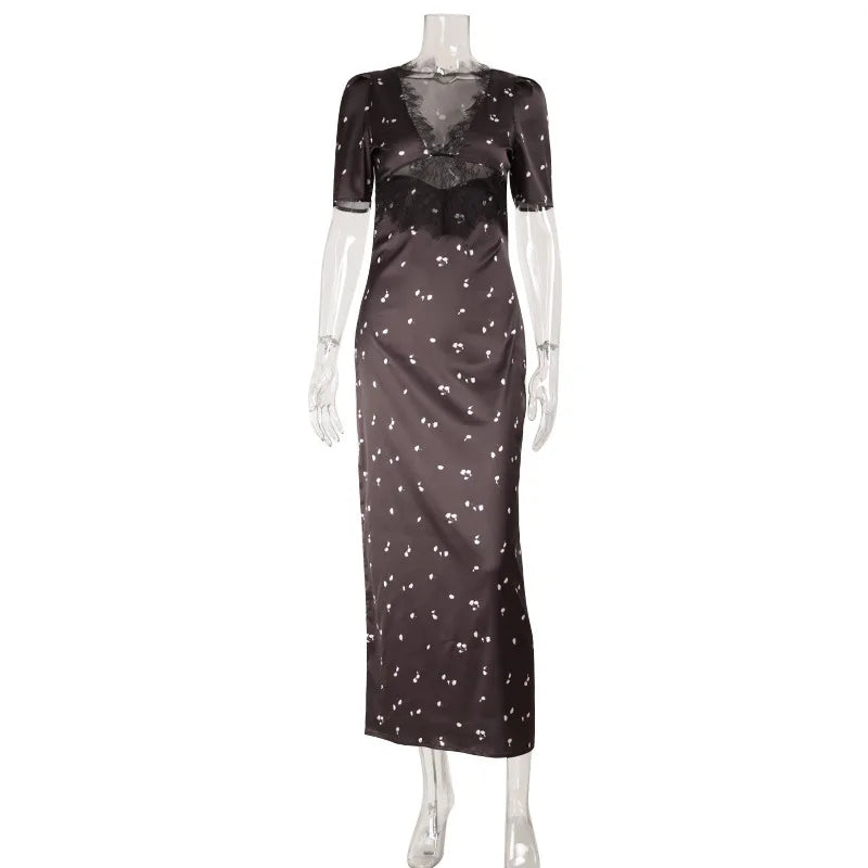 Sexy Polka Dot Dresses For Women Patchwork Lace Maxi Dress Hollow out Deep V Neck Sleeveless Bodycon Elegant Party Dress
