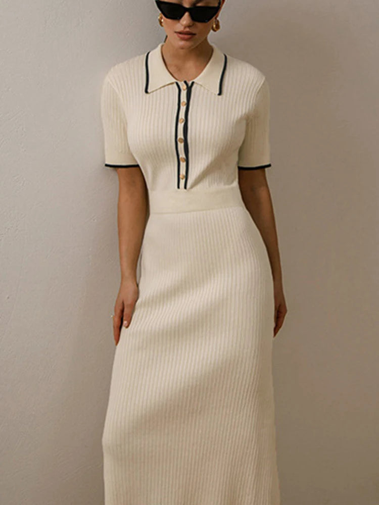 Women's White Knit Maxi Dress Elegant Short Sleeve Patchwork Bodycon Party Dress Casual Lapel High Waist Fashion Autumn Knitwear