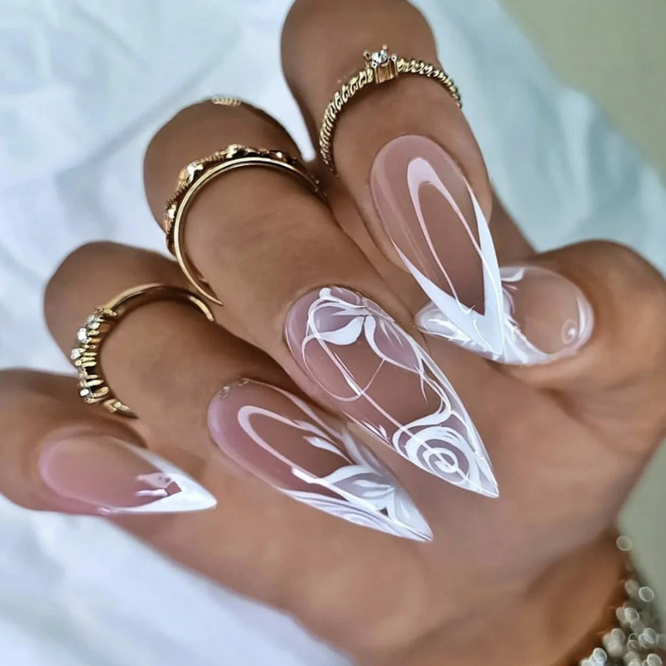 24pcs Long Almond Fake Nails White French Press on Nails Simple Full Cover Detachable Nail