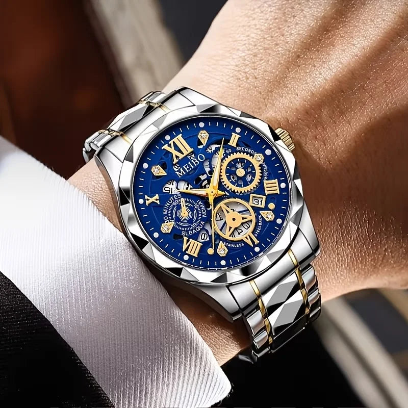 Fashion Skeleton Dial Men Business Watches Luxury Stainless Steel Calendar Quartz Wristwatch Relogio Masculino (Without Box）