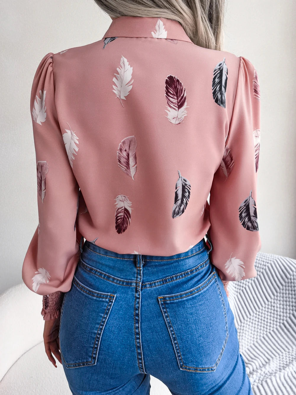 Women's Casual Feather Print Long Sleeve Office Lady Shirts for Autumn Turn Down Collar Buttons Woman Clothing White Pink Blue