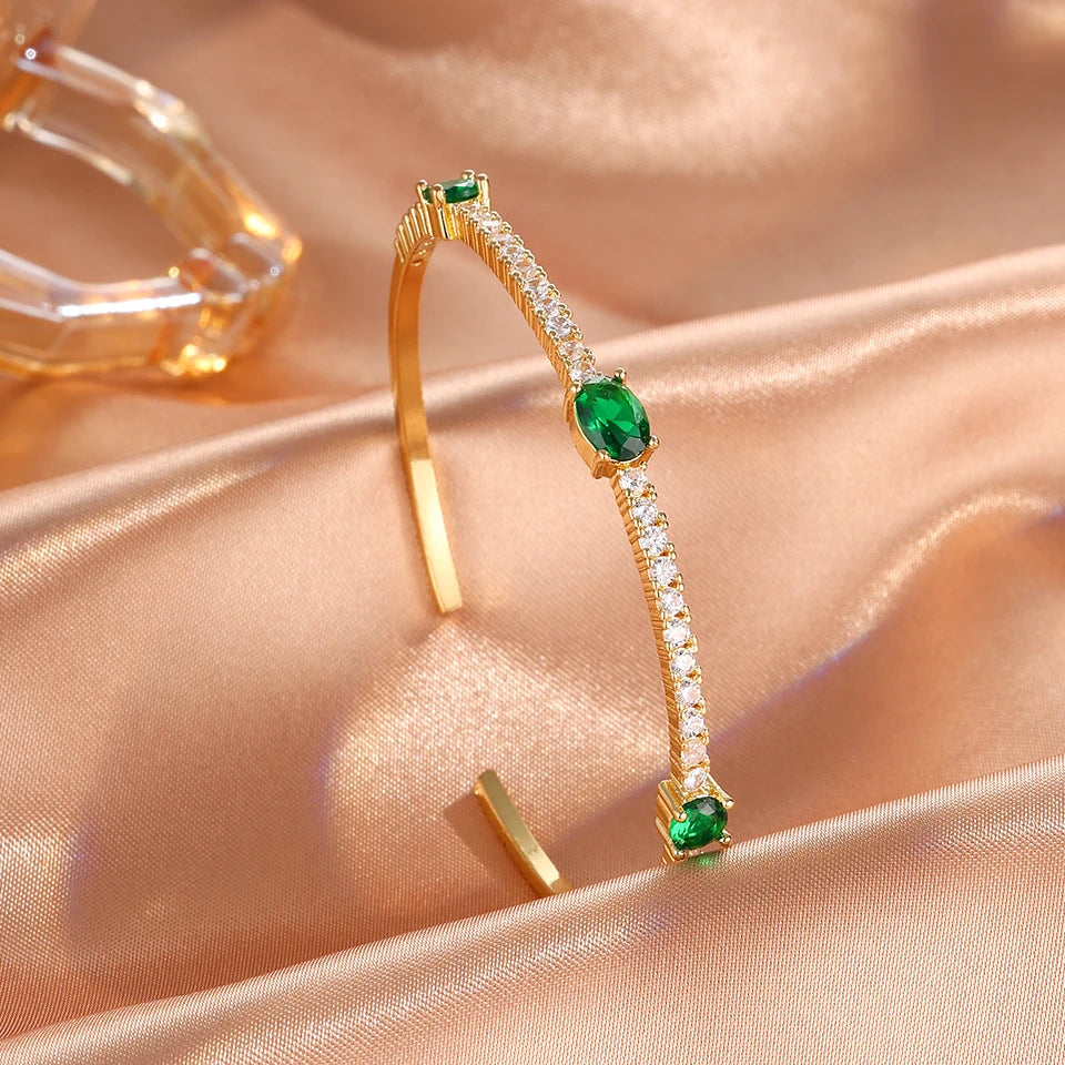 ZAKOL 3 Styles Shiny Green Geometric Zirconia Inlaid Stainless Steel Bracelets for Women Personalized Wedding Party Jewelry