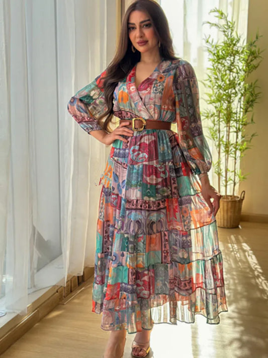 BKLD Long Sleeve V-Neck 2026 Spring Summer Clothes For Women Chiffon Printed A-Line Evening Dress With Belt Party Wear
