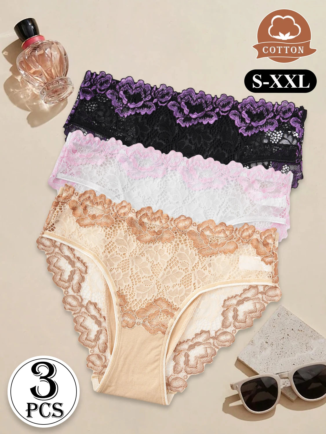3PCS Semi-Sheer Contrast Lace Floral Sexy Women's Panties New Comfortable Cotton Underwear Solid Color Briefs Everyday Lingerie