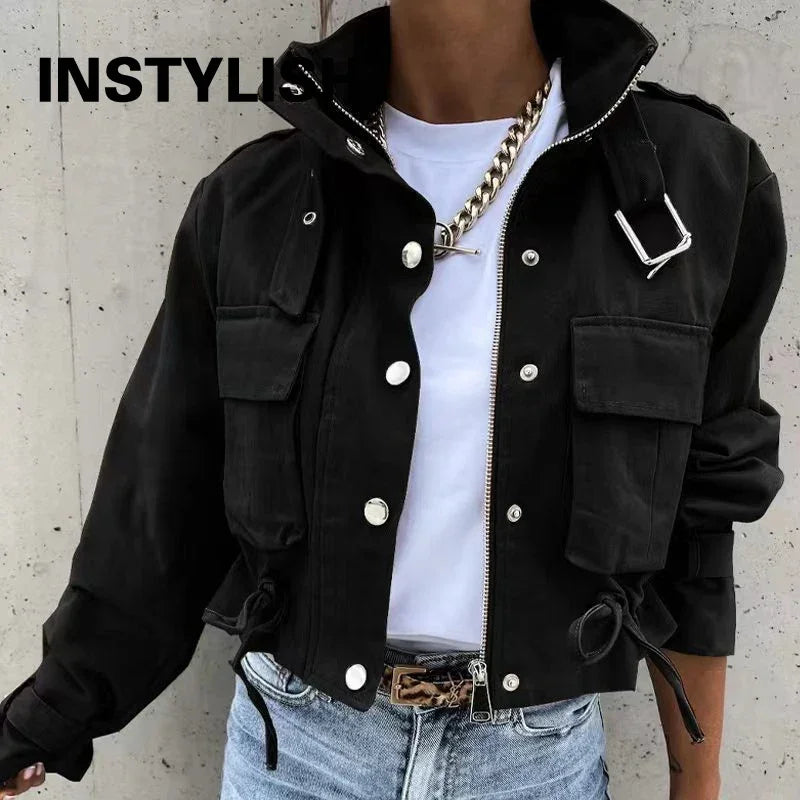 Women Cropped Cargo Jacket Stand Collar Zip Button Long Sleeve Coat Multi Pocket Drawstring Streetwear Casual Short Outerwear